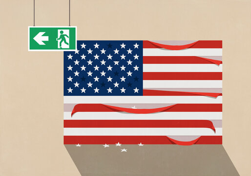 Emergency exit sign hanging over damaged American flag with falling stars and peeling stripes
