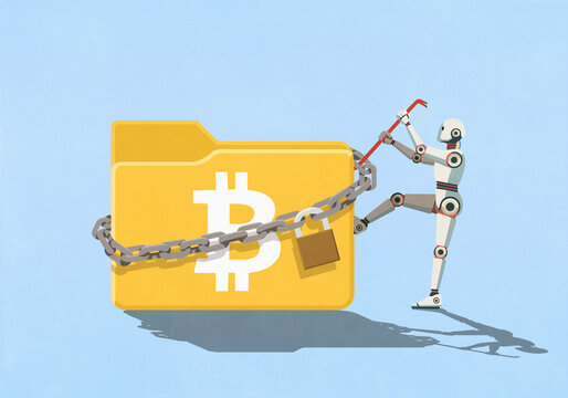 Humanoid robot with crowbar attempting to pry open padlocked digital Bitcoin folder
