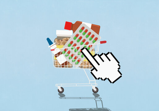 Hand pointer cursor hovering over shopping cart full of medication
