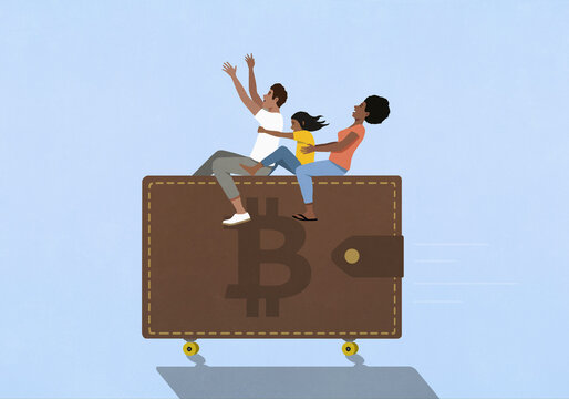 Exhilarated family riding large Bitcoin wallet on wheels against blue background
