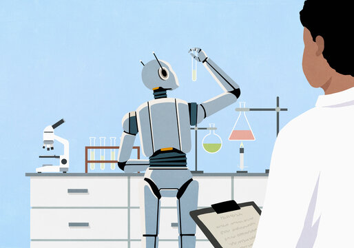 Male scientist observing humanoid robot working with test tube in chemistry laboratory 
