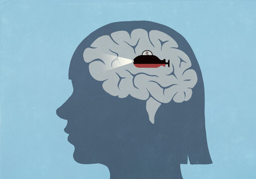 Mini spaceship with headlight inside brain of silhouetted girl
