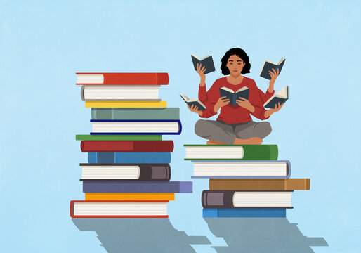 Woman with multiple arms reading many books at same time

