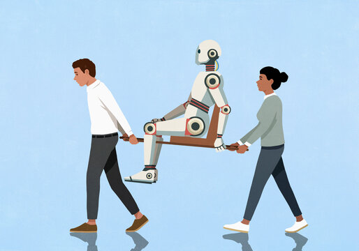 Couple carrying humanoid robot on sedan chair against blue background
