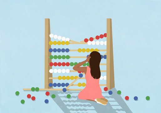 Frustrated girl looking at beads falling on large, broken abacus against blue background
