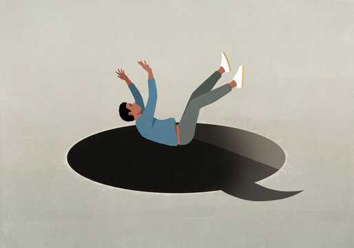 Man falling into black hole of speech bubble
