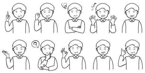 ポーズをとる中年男性のイラストセット　線画