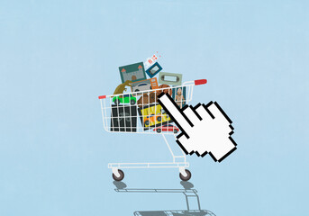 Pointing hand cursor hovering over shopping cart full of toys against blue background
