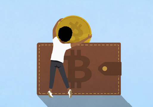 Man placing Bitcoin into large wallet against blue background
