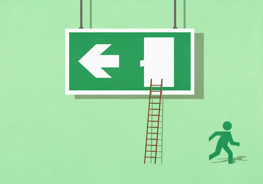 Green figure escaping from exit sign, running away on green background

