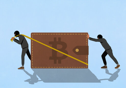Thieves stealing large Bitcoin wallet against blue background
