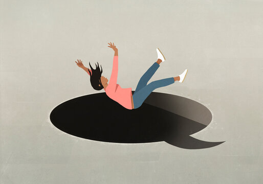 Woman falling into black hole of speech bubble
