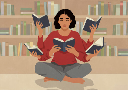 Woman with many arms reading five books at once on floor in front of bookcase
