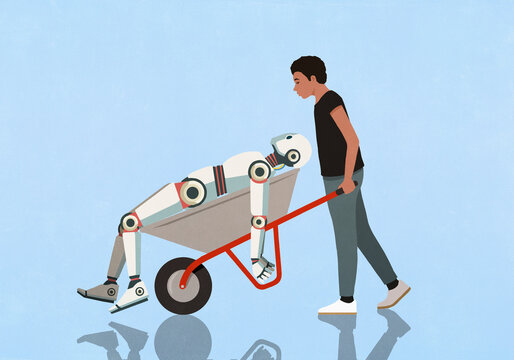 Man pushing broken humanoid robot in wheelbarrow
