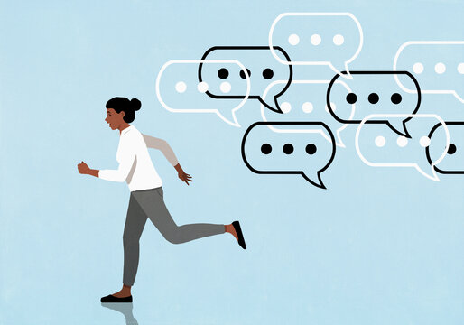 Dot dot dot symbols in speech bubbles chasing running woman on blue background
