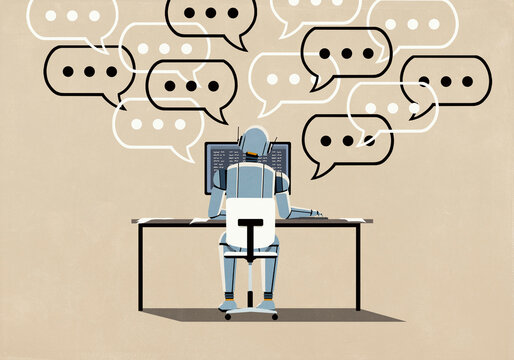 Dot dot dot symbols inside speech bubbles above humanoid chatbot robot working at computer
