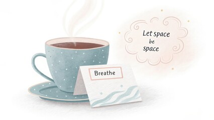 Tranquil tea time illustration with calming words, a blue cup, steam, and a soothing message for relaxation and mindfulness