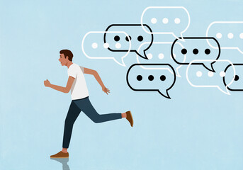 Dot dot dot symbols inside speech bubbles chasing running man on blue background
