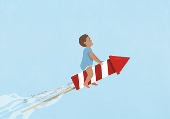 Baby boy riding ascending rocket against blue background
