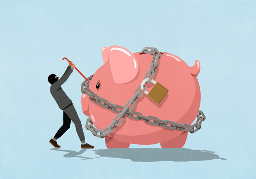 Thief with crowbar trying to break chain on padlocked piggy bank
