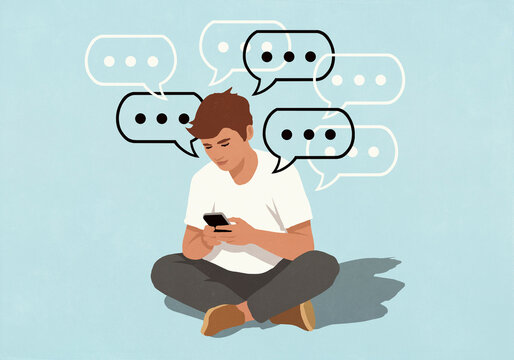 Dot dot dot symbols in speech bubbles around man using smart phone against blue background
