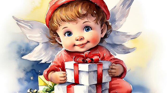A cute watercolor animation of a baby angel holding Christmas gifts. Adorable cherub with wings and a red hat for the holiday season. Festive greeting card illustration