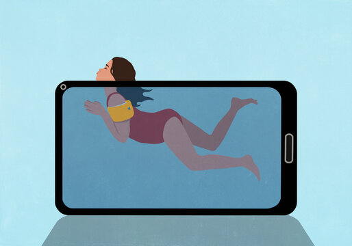 Girl with water wings swimming and holding head above water on smart phone screen
