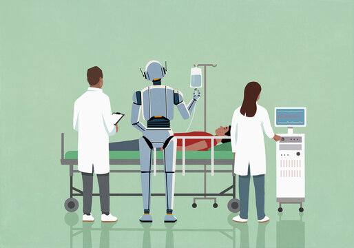 Humanoid robot and doctors monitoring patient in hospital bed

