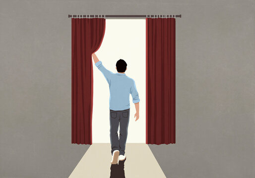 Man opening curtain to reveal bright, white void
