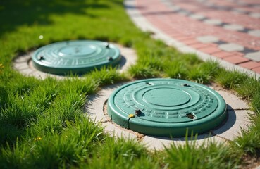 Green manhole covers on the ground in a park surrounded with fresh green grass. Round metal lids for sewer system at the garden landscape on a sunny day.
