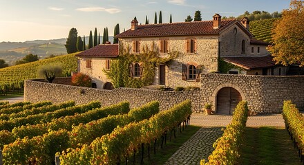 Fototapeta premium Tuscan Vineyard Estate with Stone House and Rolling Hills at Sunset.