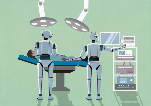 Humanoid robots performing surgery on patient in hospital operating room
