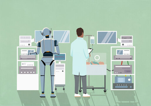 Humanoid robot working alongside neonatal intensive care unit doctor watching newborn in hospital
