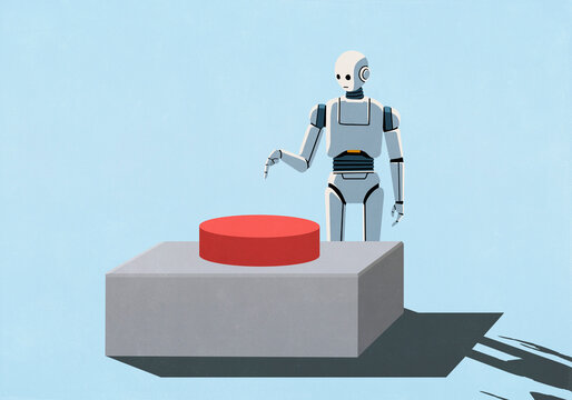 Humanoid robot about to press large red panic button
