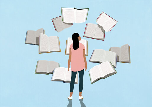 Woman reading multiple open books floating against blue background

