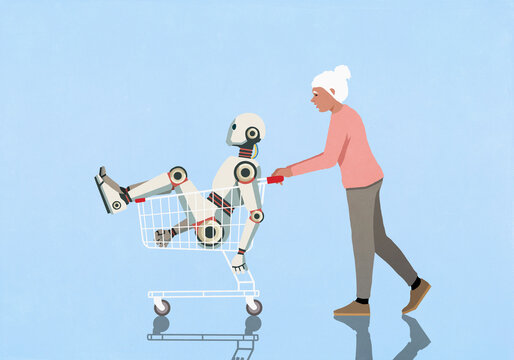 Senior woman pushing humanoid robot in shopping cart
