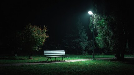 Quiet park at night with a bench illuminated by a streetlight and surrounded by trees