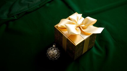 Luxurious golden gift box with a satin ribbon on a dark green velvet background