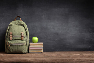 Back to school backpack with books and green apple on wooden desk with chalkboard