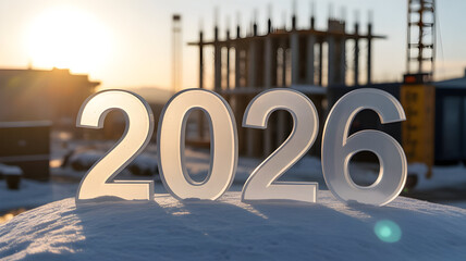 Silver number 2026 standing in snow at construction site during sunset