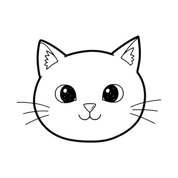 Cute black line art cat face with whiskers on transparent background