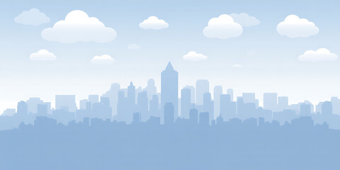 Fototapeta premium Minimalist blue cityscape silhouette with towering buildings and fluffy clouds under a clear sky