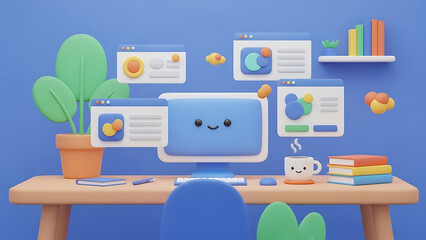 Flat vector illustration set of office desk icons with laptop, monitor, and web technology symbols