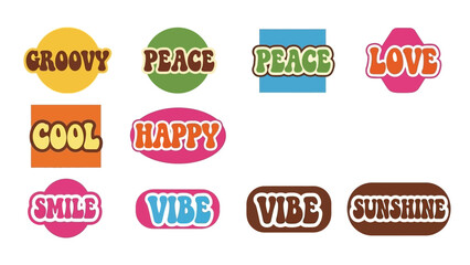 Retro groovy vibes collection, vintage colorful hippie style text phrases design