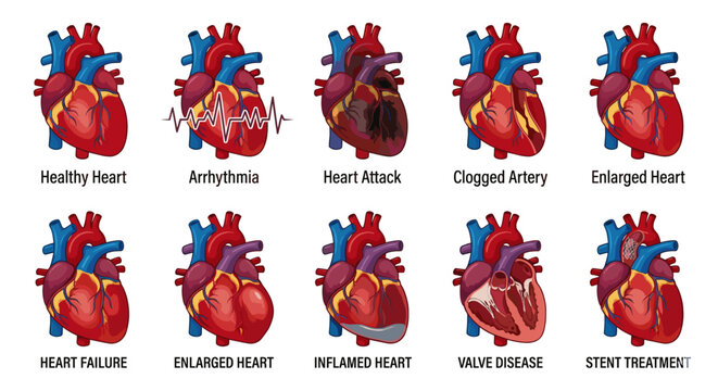 Collection of medical illustrations showing a healthy human real heart compared to various cardiovascular diseases and conditions.