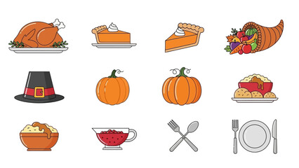 Thanksgiving feast icons featuring turkey, pie, pumpkin and traditional holiday elements