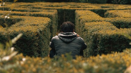 Seeking clarity in a maze while feeling lost and trapped, reflecting on mental struggles and the journey of self-discovery during quiet moments in nature