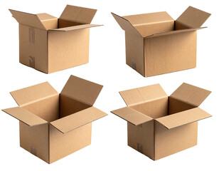 Four empty, open, tan cardboard boxes on a black background