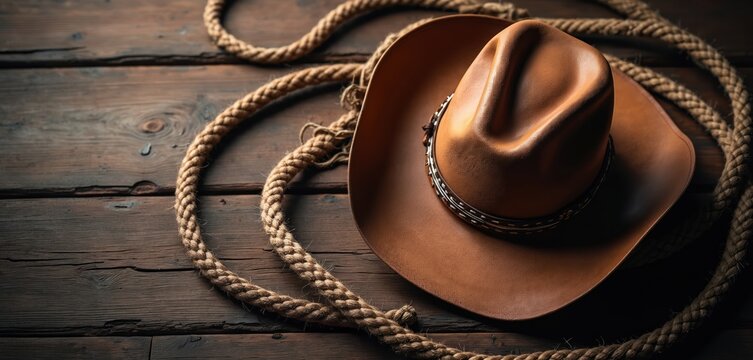Cowboy hat and lasso rope lying on old wooden table. Western still life shows vintage style. Ranch lifestyle, cowboy fashion, rodeo equipment on aged backdrop. Wild west theme