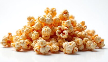 Pile of caramel popcorn isolated on white background. Sweet delicious snack with golden color and crunchy texture. Confectionery treat food dessert.